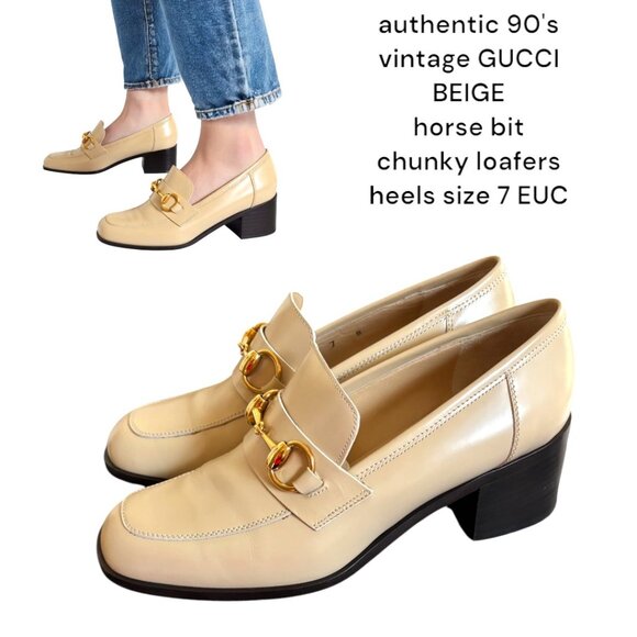 90'S VINTAGE AUTHENTIC GUCCI HORSE BIT CHUNKY LOAFERS HEELS SIZE 7 EUC - Picture 1 of 7